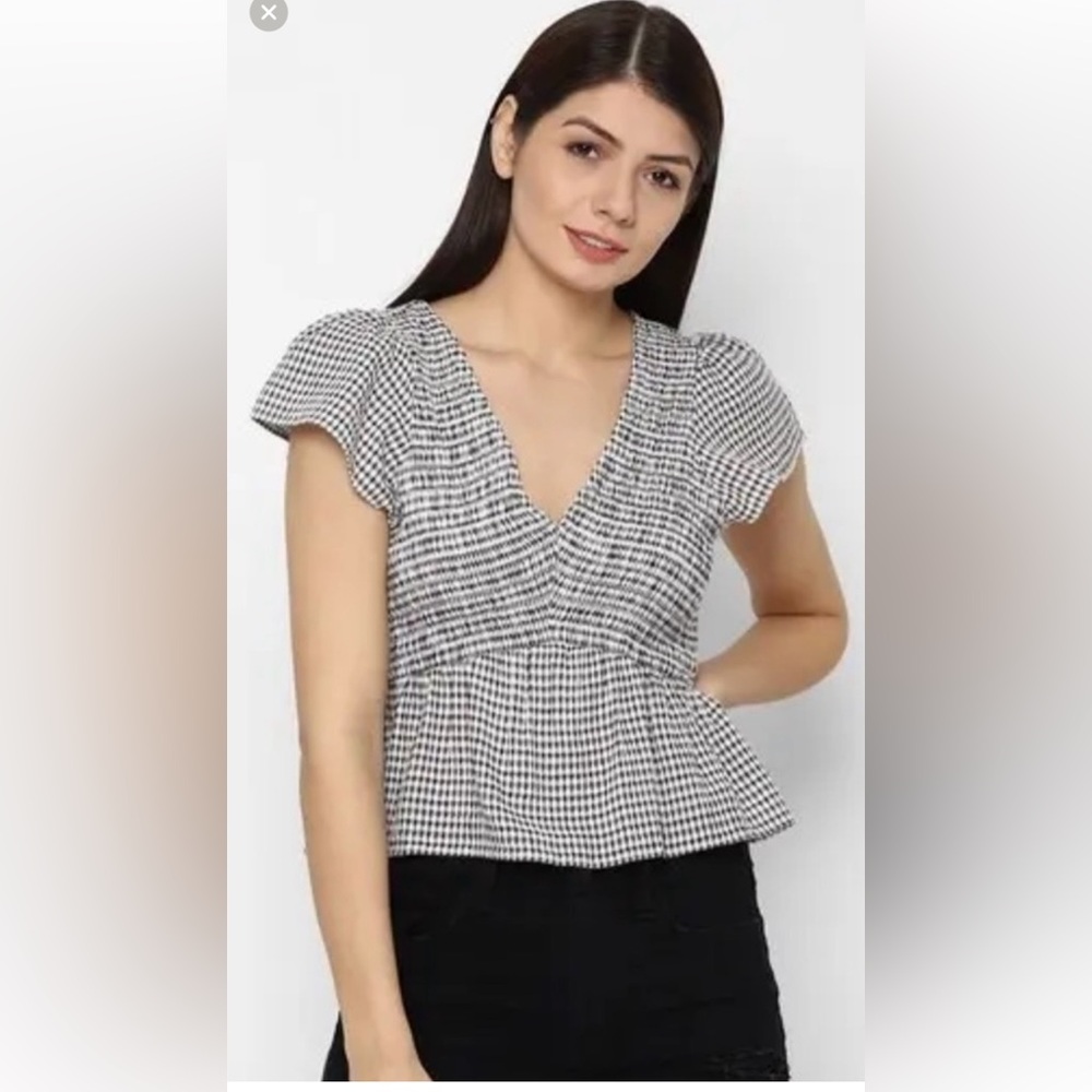 American Eagle Outfitters Black and White Gingham Peplum V-Neck Top